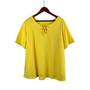D&Co Womens Yellow Lace-Up Top Size 2X Cotton/Spandex Short Sleeve Casual Wear